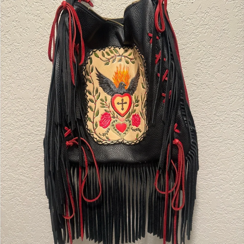 Black and Red Embroidered Fringe Bag - Picture 1 of 4
